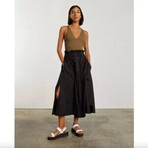 Everlane Skirt Womens Black Button Front Elastic Waist Midi Large